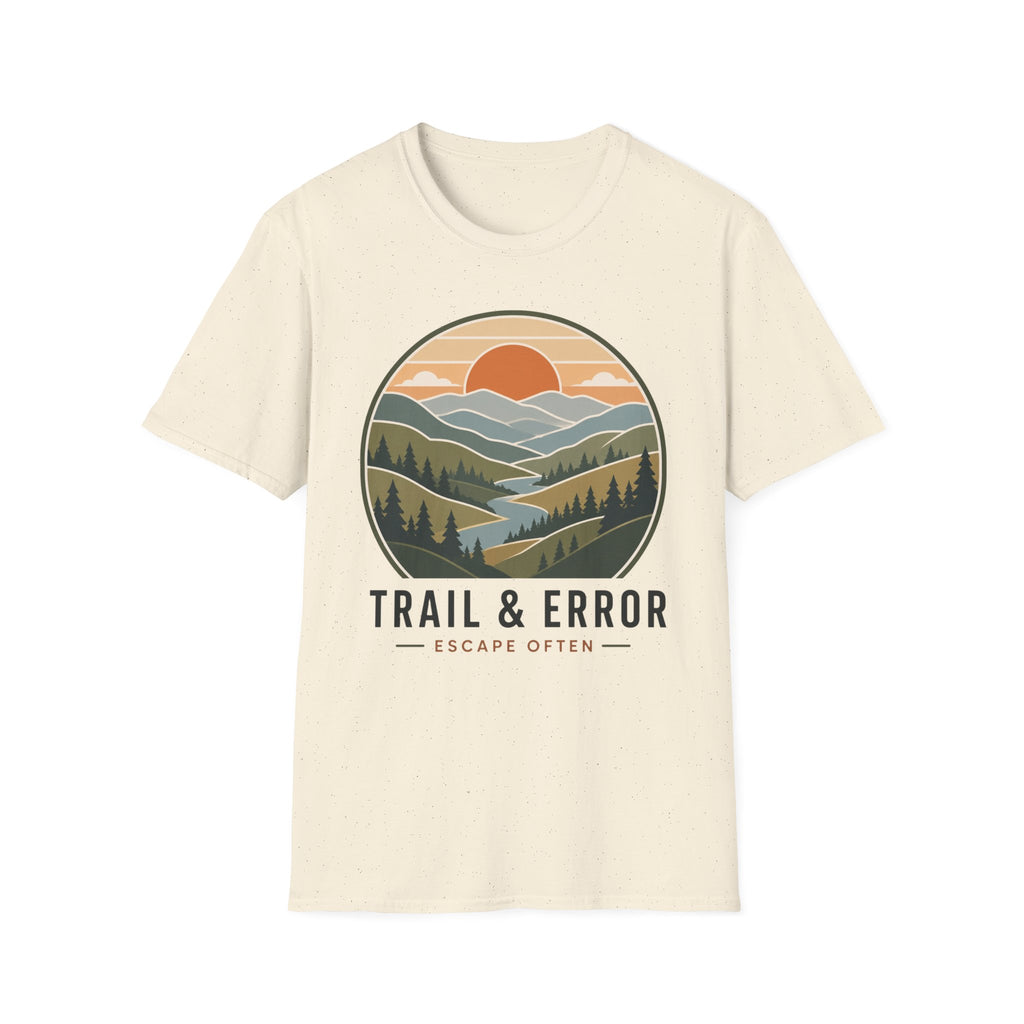 An off-white short-sleeve crewneck t-shirt featuring a circular graphic of a mountain landscape with a sunset and the text 'TRAIL & ERROR' and 'ESCAPE OFTEN'.