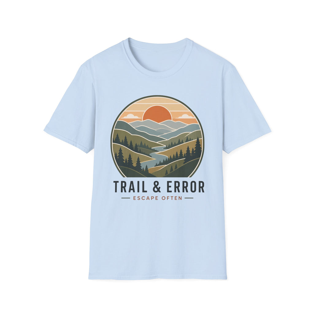 A light blue short-sleeve crewneck t-shirt featuring a circular graphic of a mountain landscape with a sunset and the text 'TRAIL & ERROR' and 'ESCAPE OFTEN' printed below it.