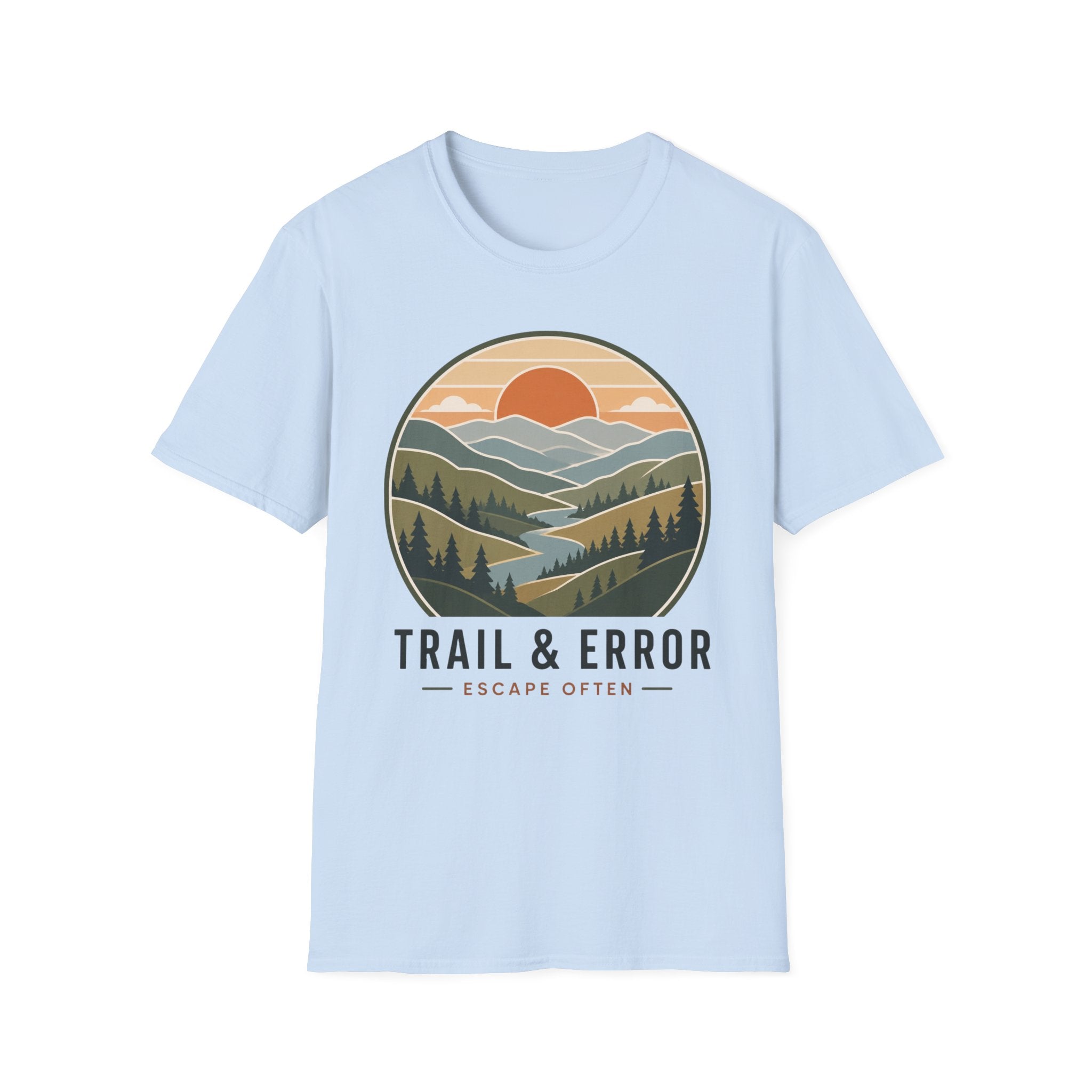 A light blue short-sleeve crewneck t-shirt featuring a circular graphic of a mountain landscape with a sunset and the text 'TRAIL & ERROR' and 'ESCAPE OFTEN' printed below it.