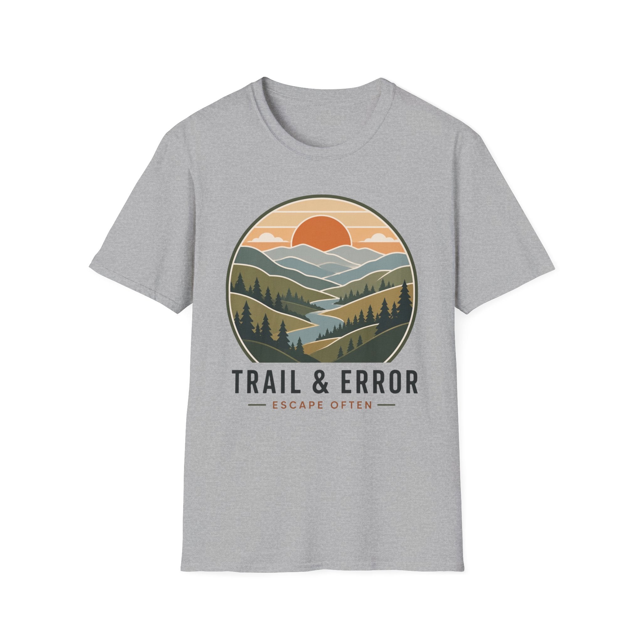 A heather gray short-sleeve crewneck t-shirt featuring a circular graphic of a mountain landscape with a sunset and river, with the text 'TRAIL & ERROR' and 'ESCAPE OFTEN' printed below it.