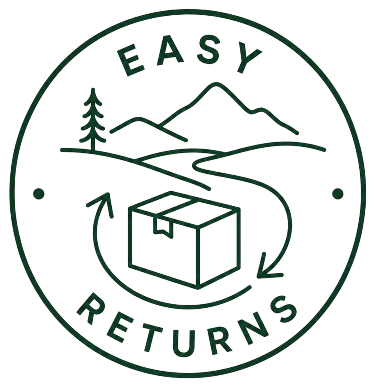 Logo for 'Easy Returns' with a mountain, tree, and box illustration on a white background.