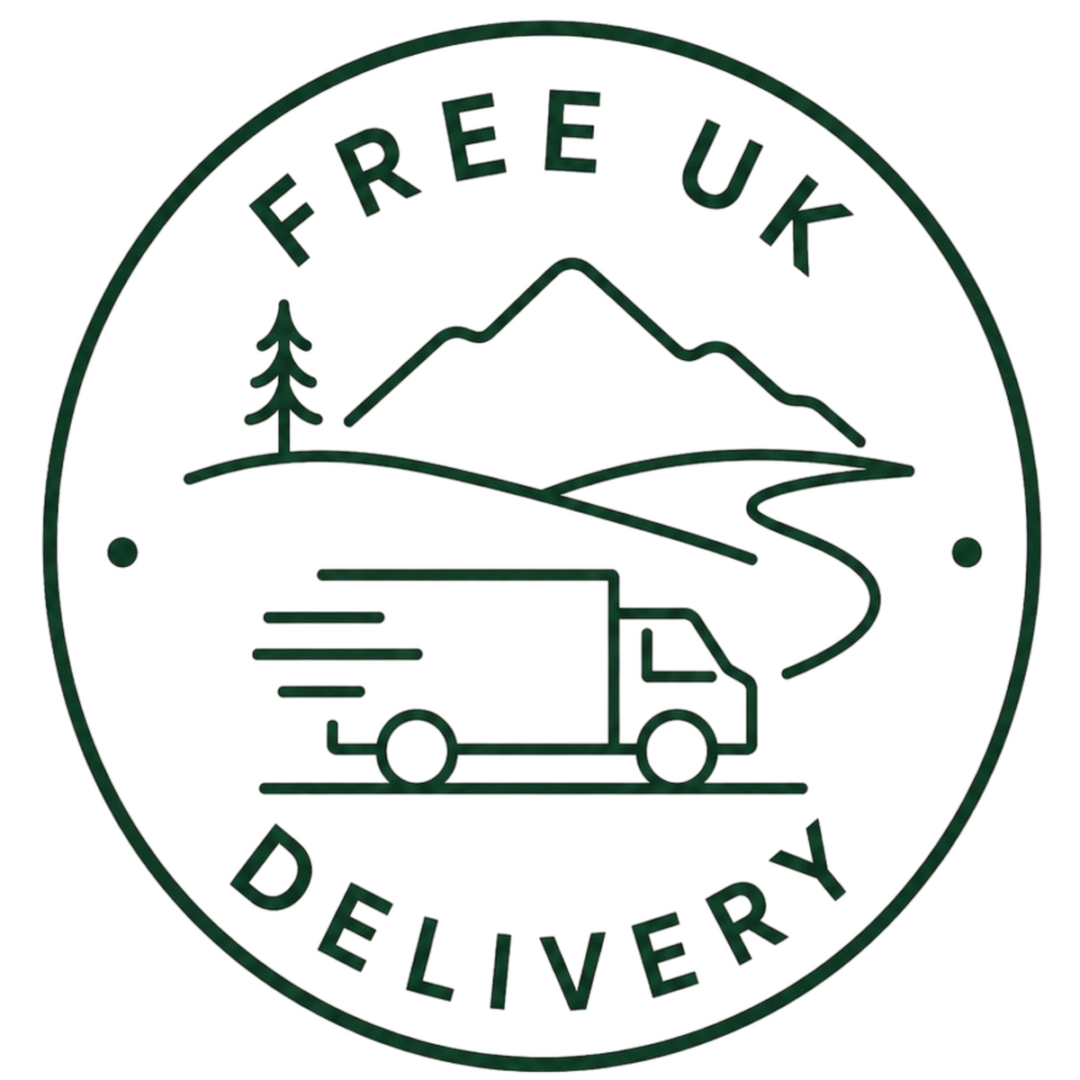 Free UK delivery logo with a truck, trees, and mountains on a white background
