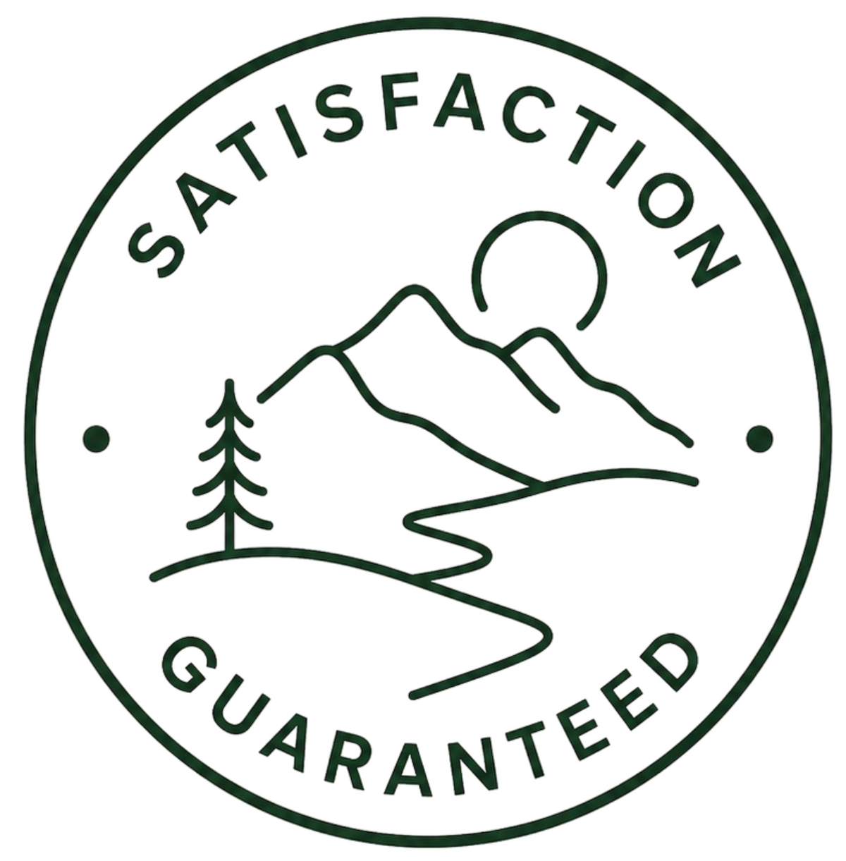 Logo with mountain, tree, and 'Satisfaction Guaranteed' text on a white background