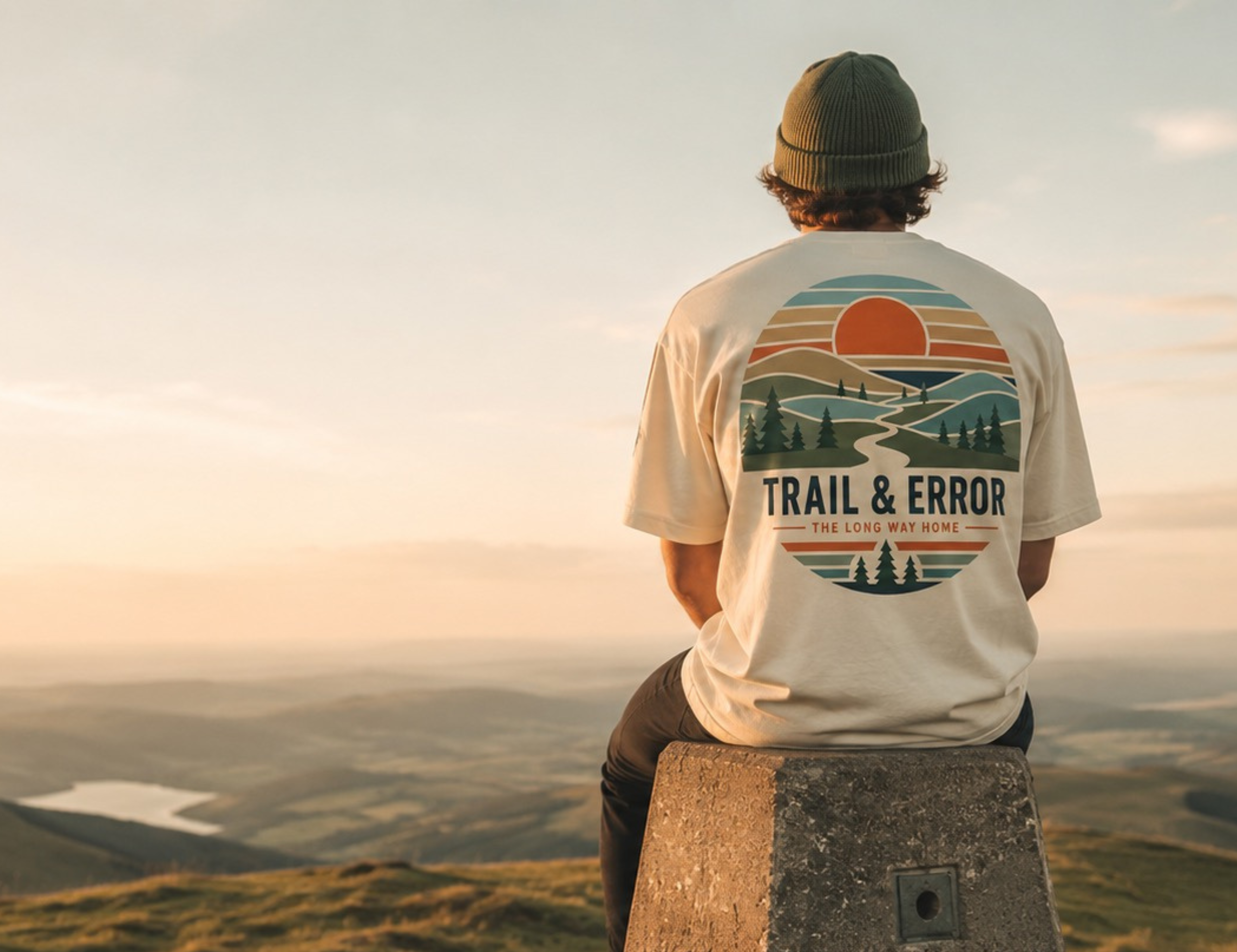 Person wearing a 'Trail & Error' t-shirt sitting on a stone structure with a scenic view.